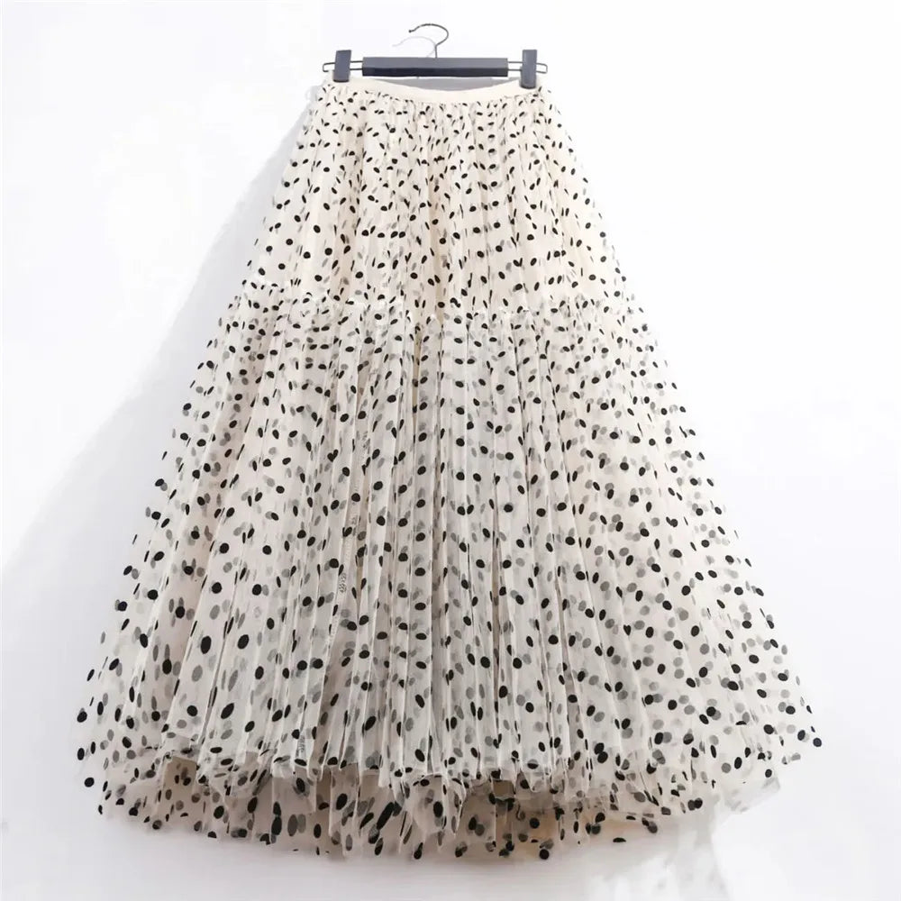 Elegant Polka Dot Tulle Skirt - Women’s Casual Elastic High Waist A-Line Midi Skirt Princess-Inspired Mesh Pleated