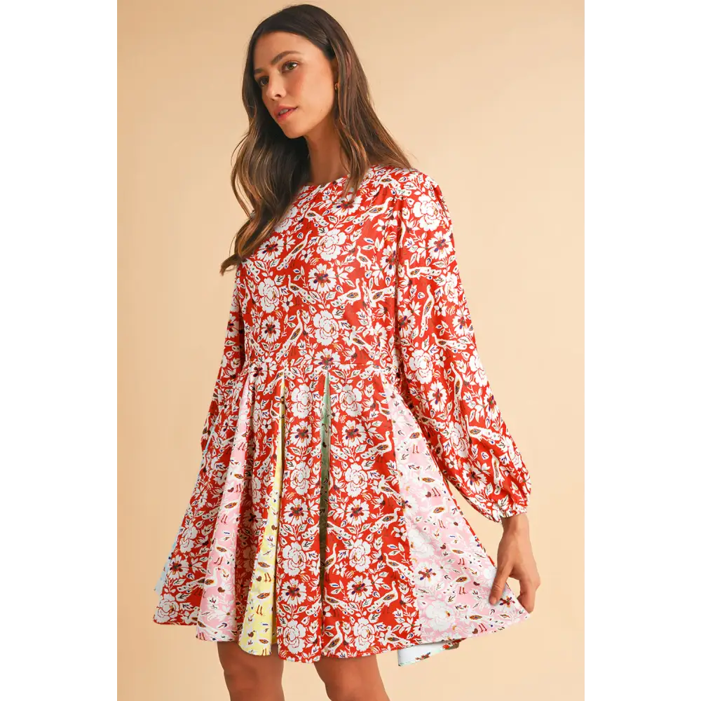 Elegant Red Boho Floral Patchwork Dress with Long Sleeves and Pleats - Perfect for Any Season - Red / S - Short Dresses