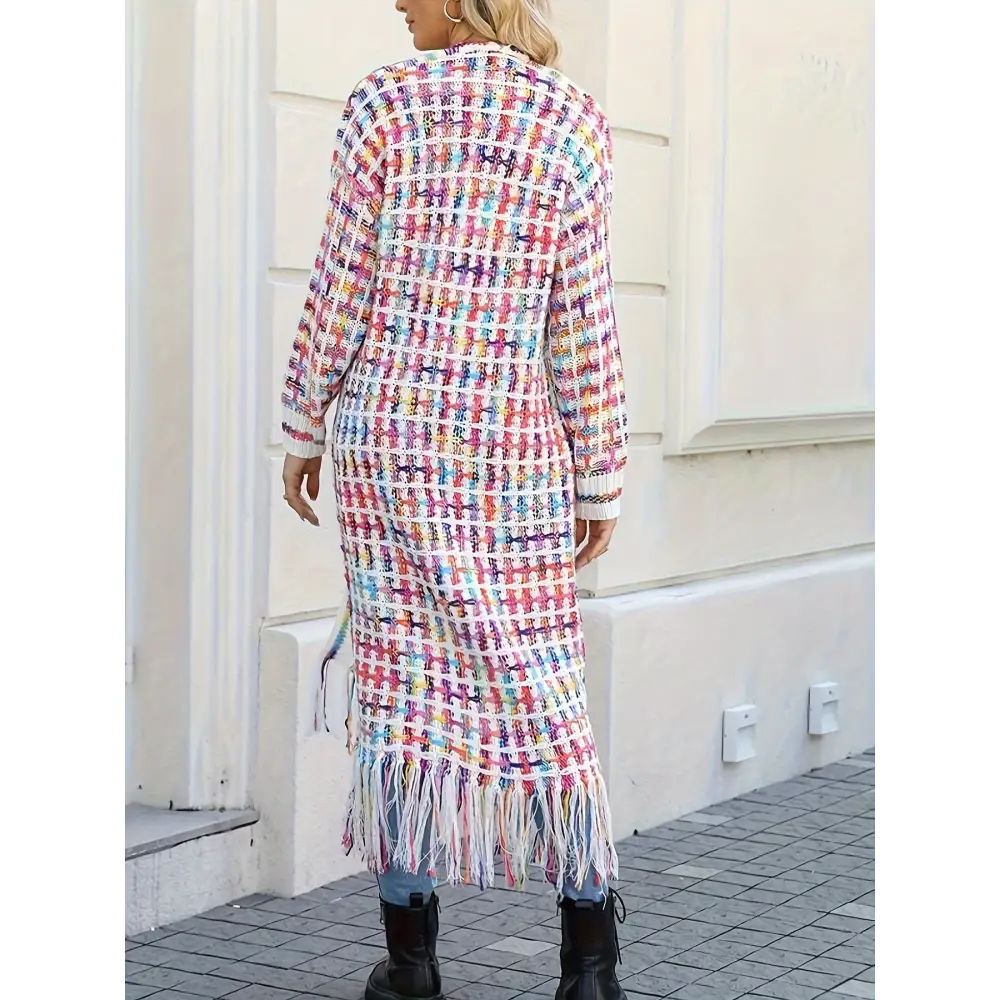 Elegant V-Neck Striped Long Cardigan Sweater - Women’s Fashion Knitwear with Fringe Details - cardigan