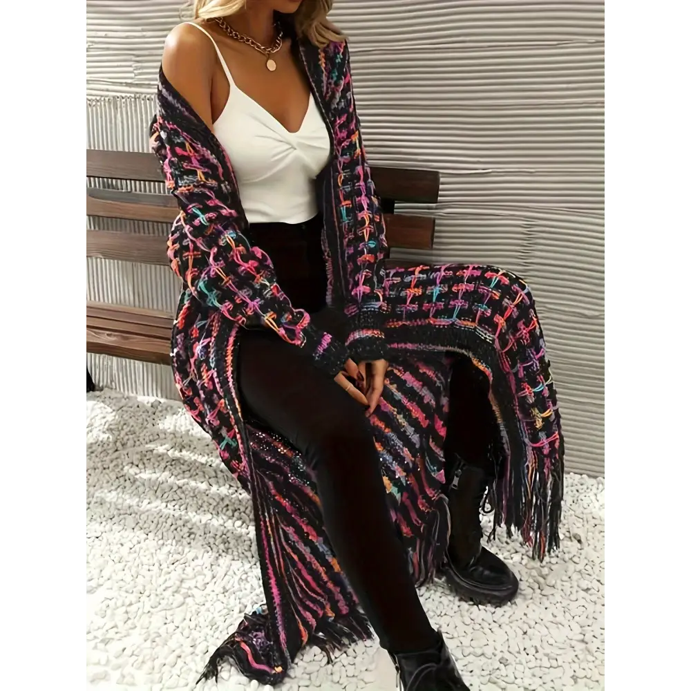 Elegant V-Neck Striped Long Cardigan Sweater - Women’s Fashion Knitwear with Fringe Details - cardigan