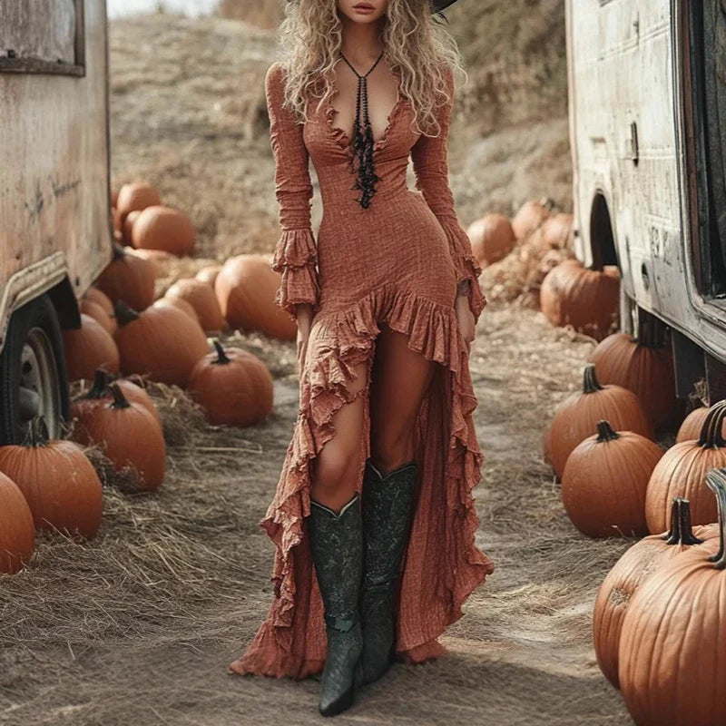 Ethnic Retro Ruffle Irregular Maxi Dress for Women - Long Sleeve Slim Fit V-Neck Party Dress Boho Style Spring/Autumn