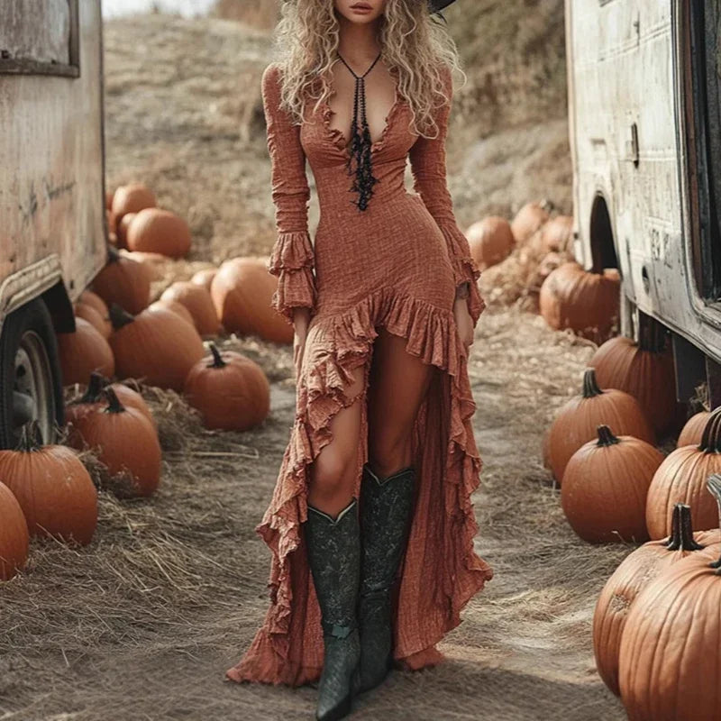Ethnic Retro Ruffle Irregular Maxi Dress for Women - Long Sleeve Slim Fit V-Neck Party Dress Boho Style Spring/Autumn