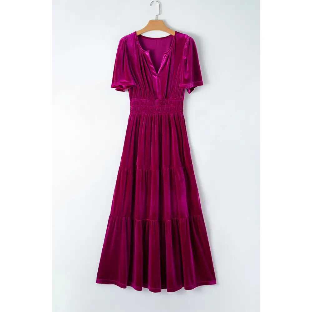 Evergreen Velvet Maxi Dress with Puff Short Sleeves and Smocked Waist - Elegant Tiered Design for Formal Events