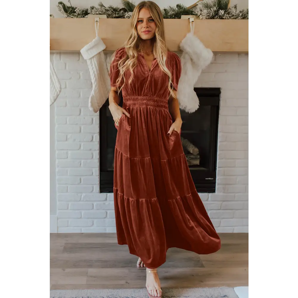 Evergreen Velvet Maxi Dress with Puff Short Sleeves and Smocked Waist - Elegant Tiered Design for Formal Events