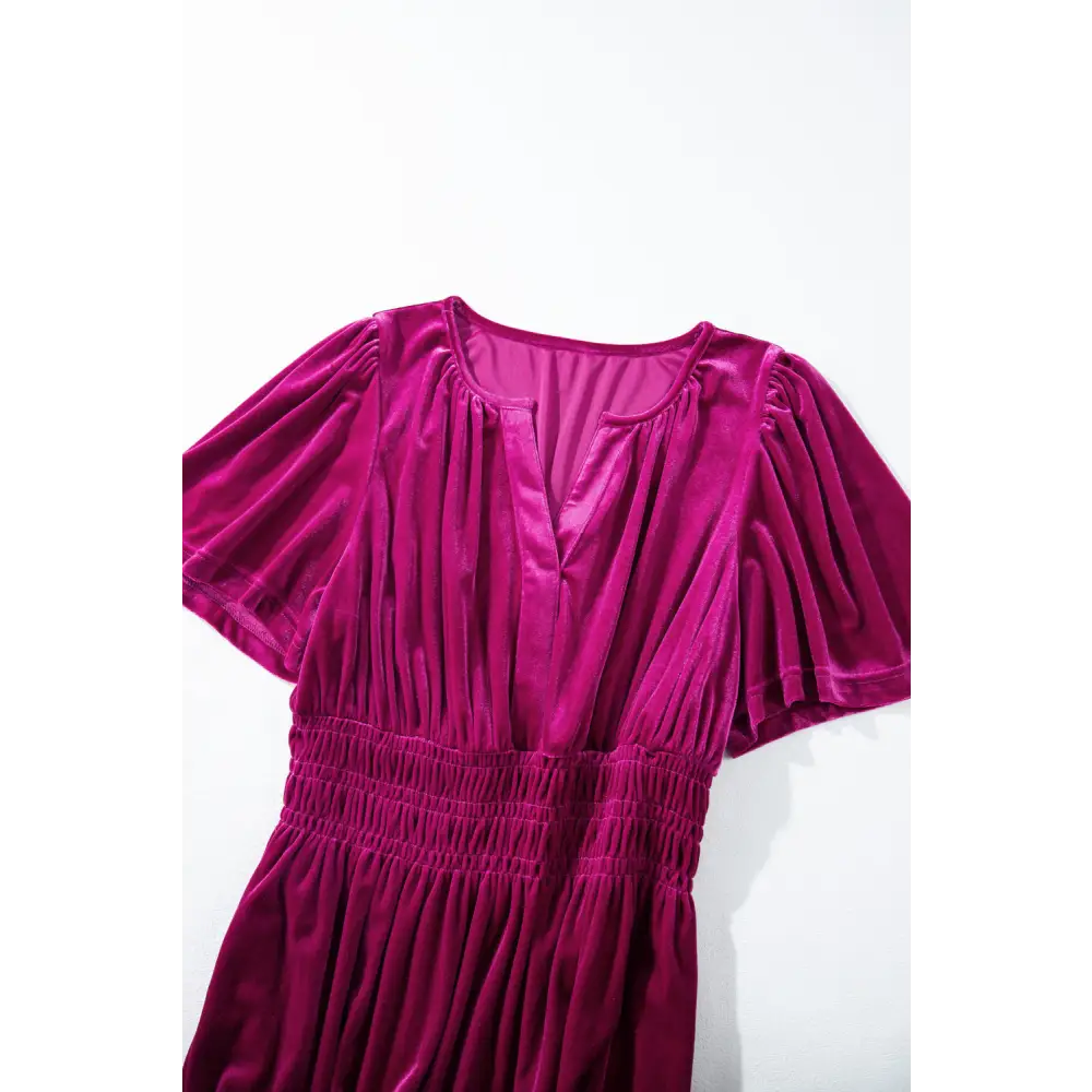 Evergreen Velvet Maxi Dress with Puff Short Sleeves and Smocked Waist - Elegant Tiered Design for Formal Events