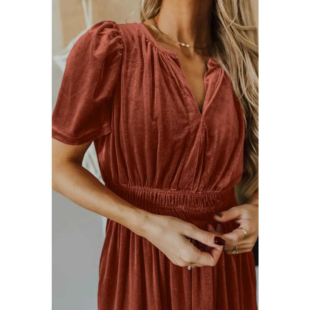 Evergreen Velvet Maxi Dress with Puff Short Sleeves and Smocked Waist - Elegant Tiered Design for Formal Events