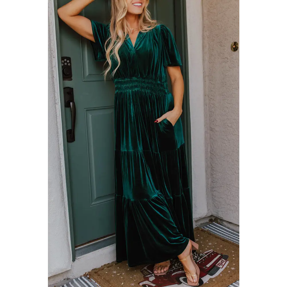 Evergreen Velvet Maxi Dress with Puff Short Sleeves and Smocked Waist - Elegant Tiered Design for Formal Events