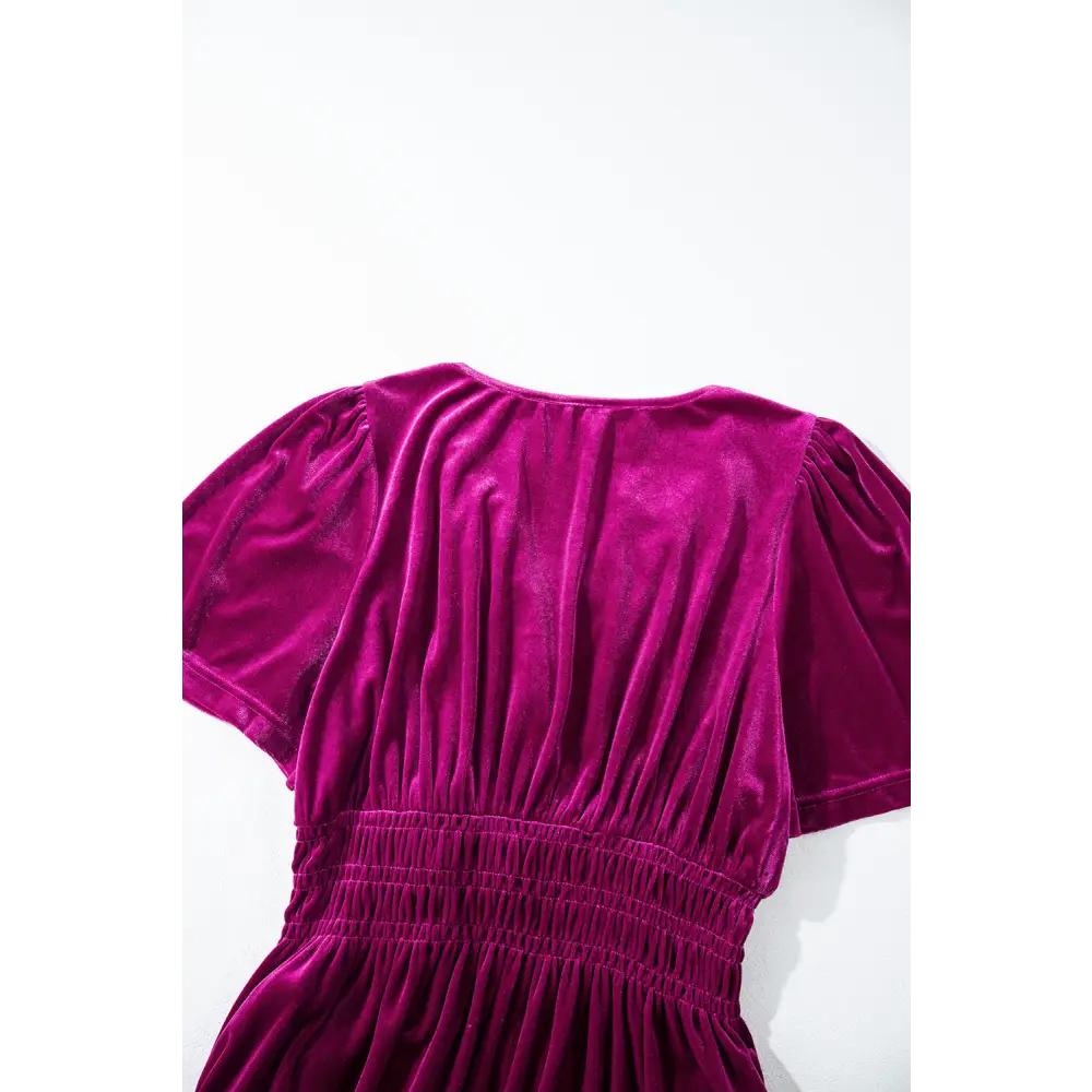Evergreen Velvet Maxi Dress with Puff Short Sleeves and Smocked Waist - Elegant Tiered Design for Formal Events