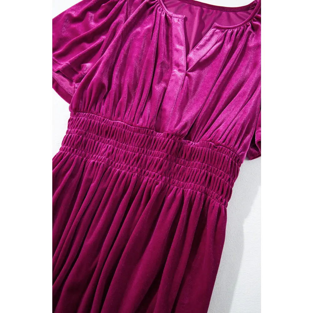 Evergreen Velvet Maxi Dress with Puff Short Sleeves and Smocked Waist - Elegant Tiered Design for Formal Events