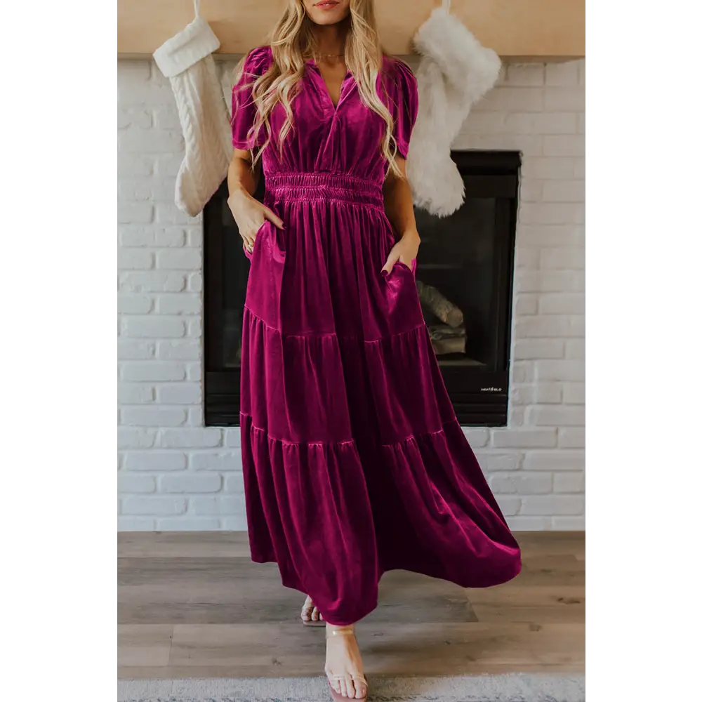Evergreen Velvet Maxi Dress with Puff Short Sleeves and Smocked Waist - Elegant Tiered Design for Formal Events