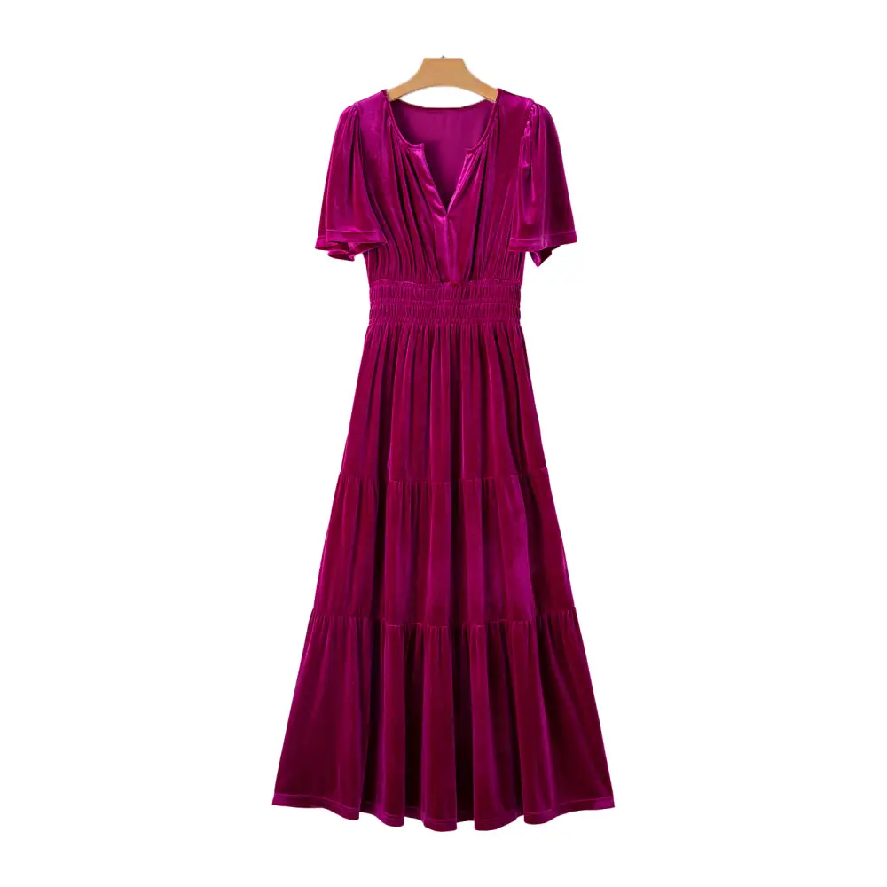 Evergreen Velvet Maxi Dress with Puff Short Sleeves and Smocked Waist - Elegant Tiered Design for Formal Events