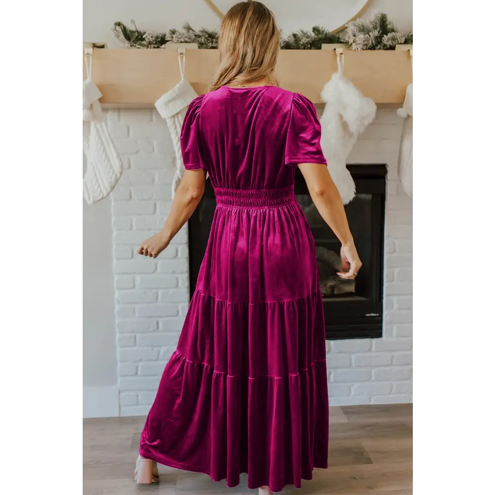 Evergreen Velvet Maxi Dress with Puff Short Sleeves and Smocked Waist - Elegant Tiered Design for Formal Events