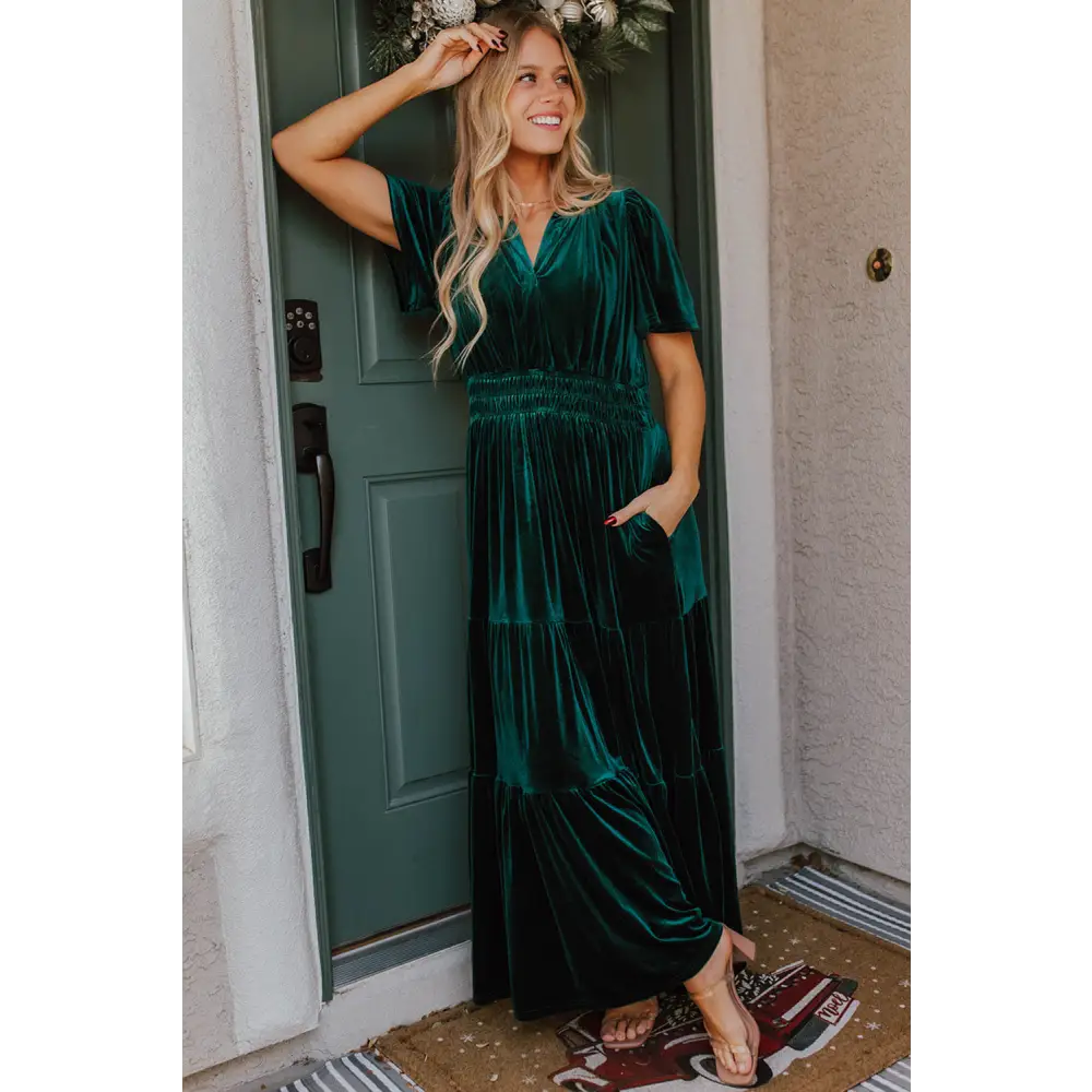 Evergreen Velvet Maxi Dress with Puff Short Sleeves and Smocked Waist - Elegant Tiered Design for Formal Events