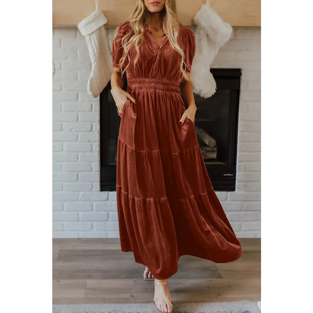 Evergreen Velvet Maxi Dress with Puff Short Sleeves and Smocked Waist - Elegant Tiered Design for Formal Events