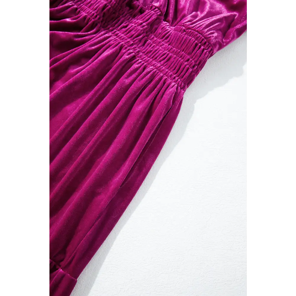 Evergreen Velvet Maxi Dress with Puff Short Sleeves and Smocked Waist - Elegant Tiered Design for Formal Events