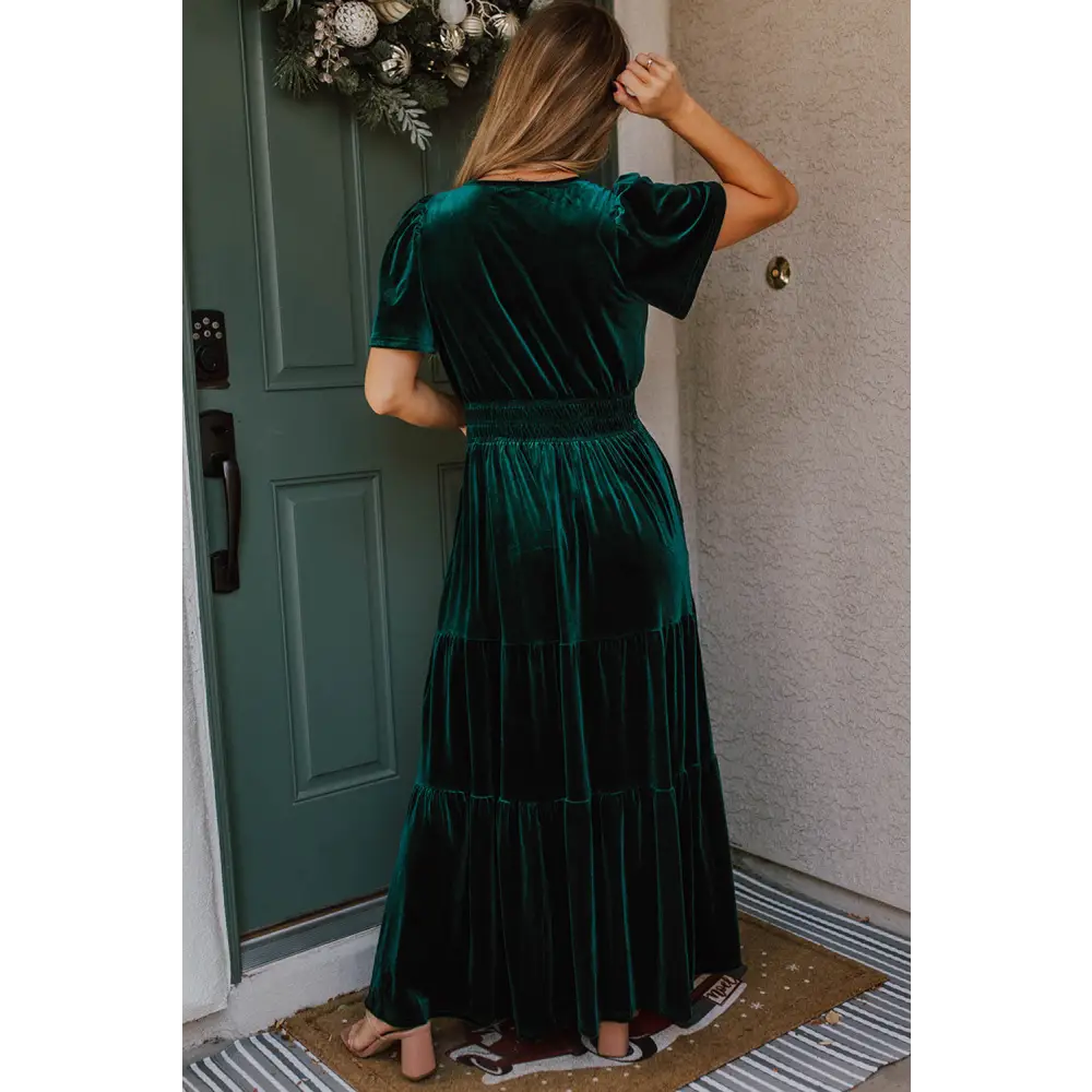 Evergreen Velvet Maxi Dress with Puff Short Sleeves and Smocked Waist - Elegant Tiered Design for Formal Events