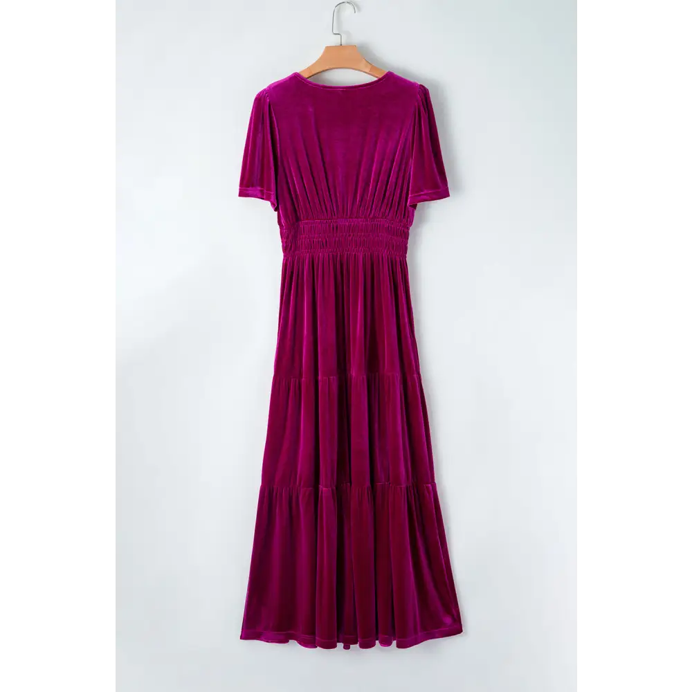 Evergreen Velvet Maxi Dress with Puff Short Sleeves and Smocked Waist - Elegant Tiered Design for Formal Events