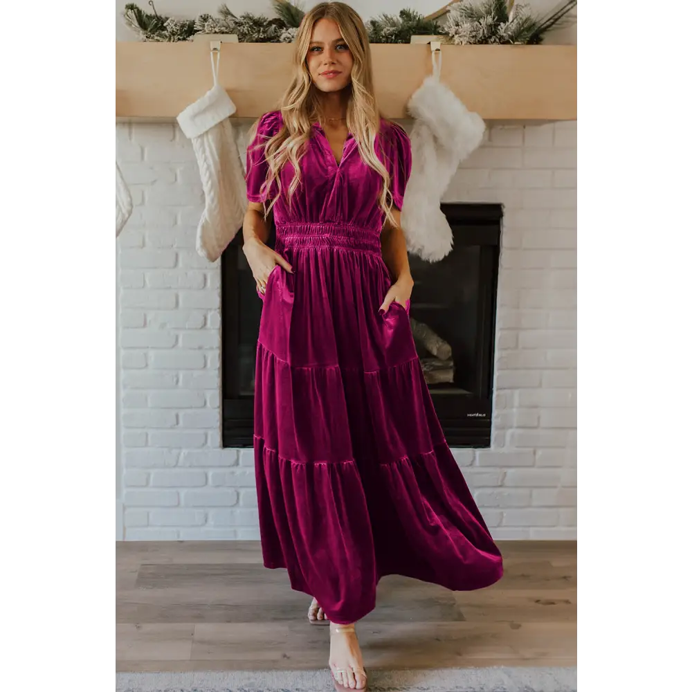 Evergreen Velvet Maxi Dress with Puff Short Sleeves and Smocked Waist - Elegant Tiered Design for Formal Events
