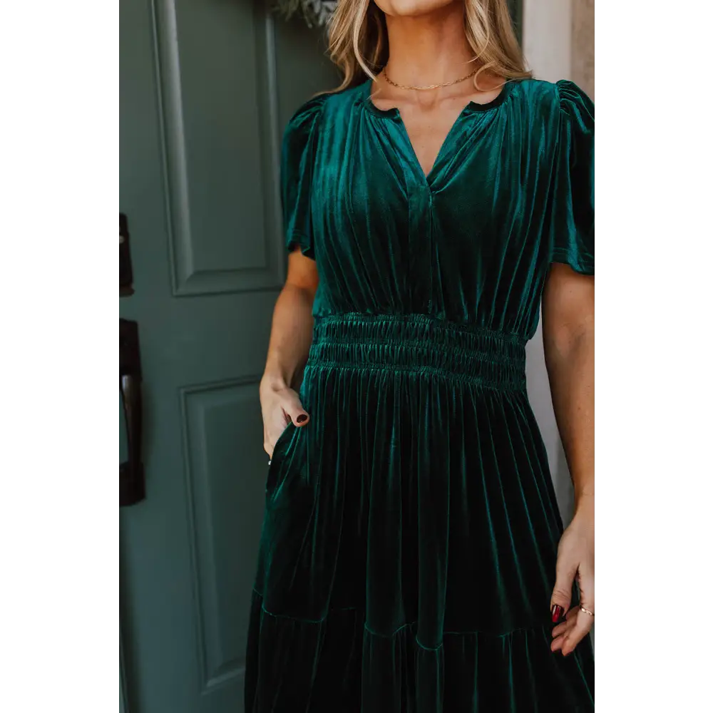 Evergreen Velvet Maxi Dress with Puff Short Sleeves and Smocked Waist - Elegant Tiered Design for Formal Events