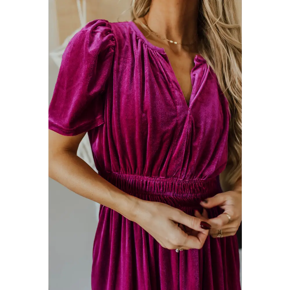 Evergreen Velvet Maxi Dress with Puff Short Sleeves and Smocked Waist - Elegant Tiered Design for Formal Events