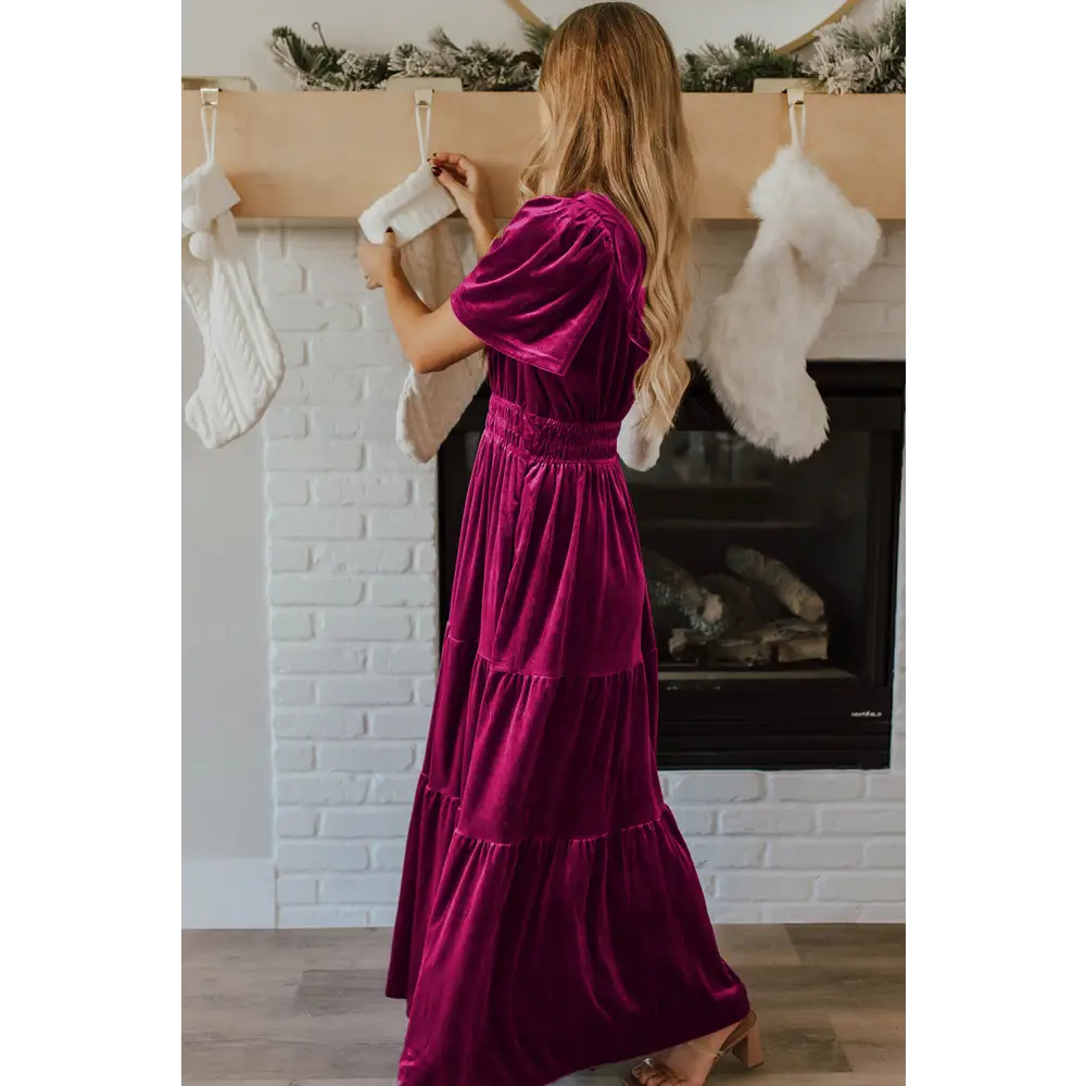 Evergreen Velvet Maxi Dress with Puff Short Sleeves and Smocked Waist - Elegant Tiered Design for Formal Events