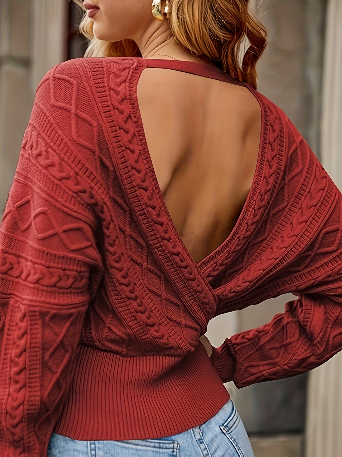 Women's V-Neck Cable Knit Sweater - Long-Sleeve Ribbed Backless Wrap Top - Solid Color Casual Pullover