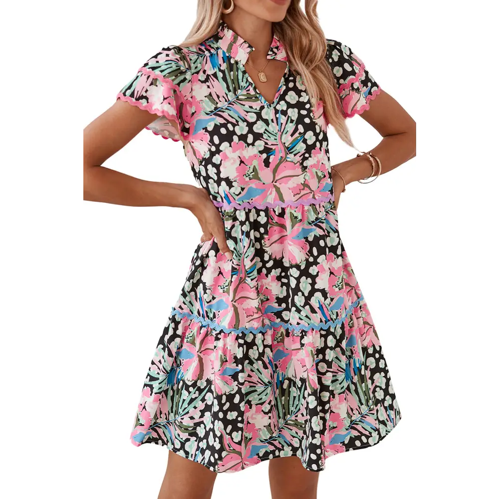 Feminine Pink Floral Print Mini Dress with Wavy Embellished V-Neck - Perfect for Spring Outings and Special Occasions