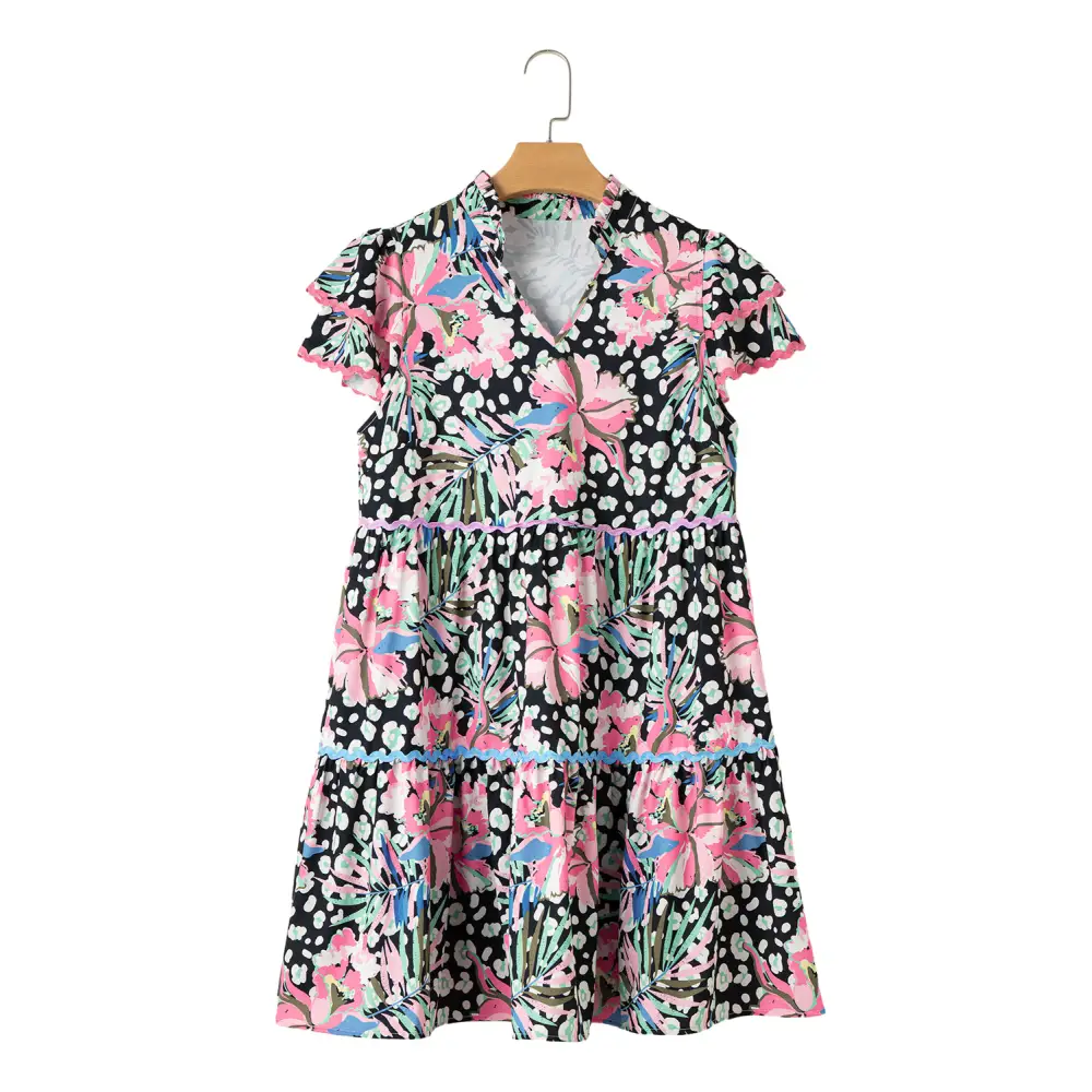 Feminine Pink Floral Print Mini Dress with Wavy Embellished V-Neck - Perfect for Spring Outings and Special Occasions