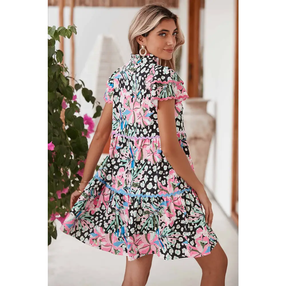 Feminine Pink Floral Print Mini Dress with Wavy Embellished V-Neck - Perfect for Spring Outings and Special Occasions