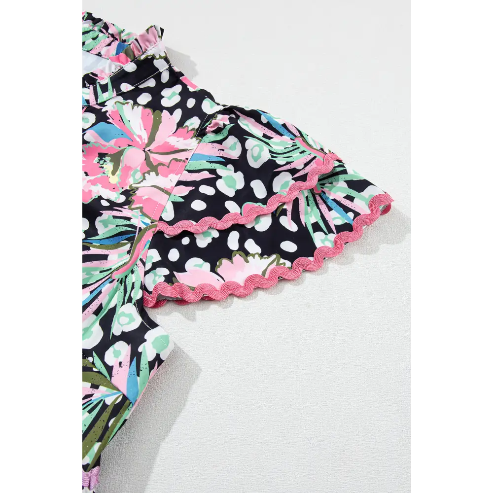 Feminine Pink Floral Print Mini Dress with Wavy Embellished V-Neck - Perfect for Spring Outings and Special Occasions