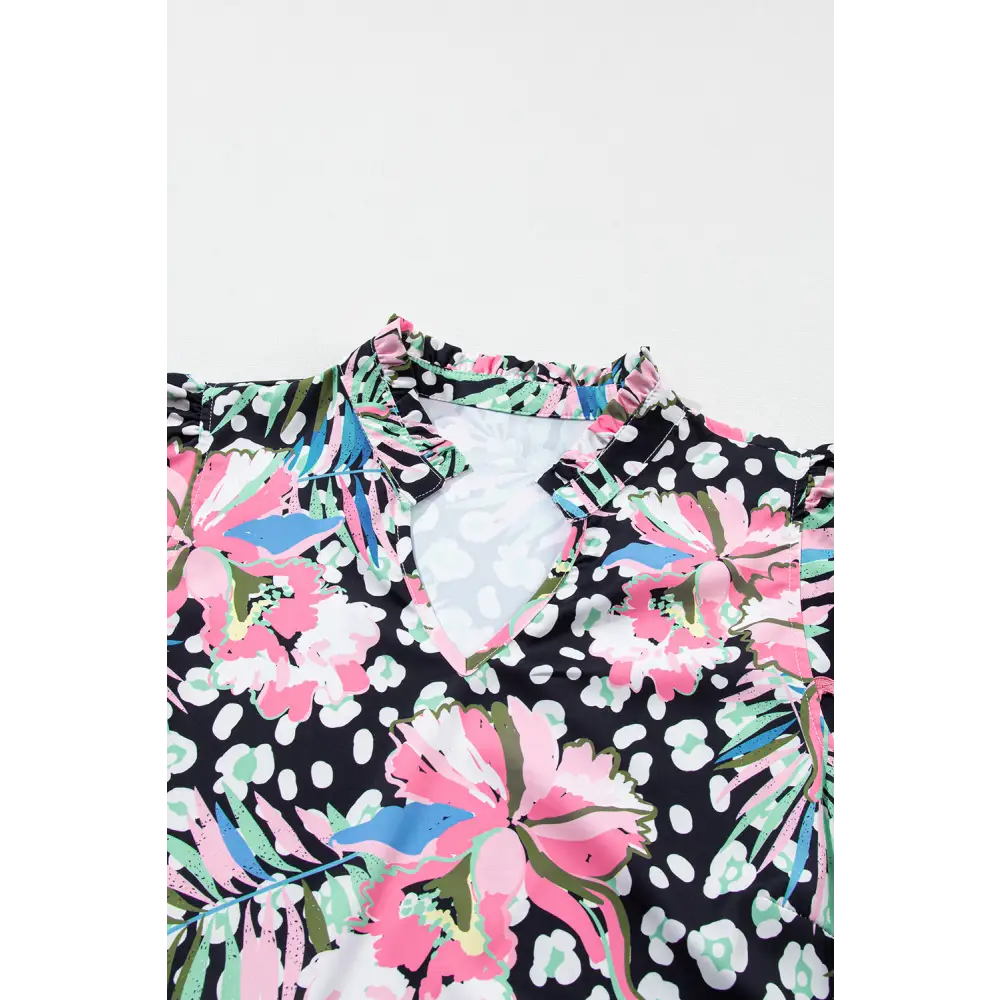 Feminine Pink Floral Print Mini Dress with Wavy Embellished V-Neck - Perfect for Spring Outings and Special Occasions