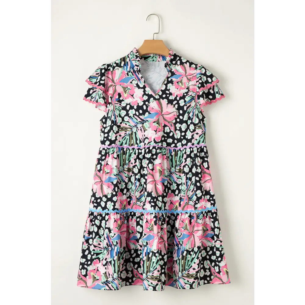 Feminine Pink Floral Print Mini Dress with Wavy Embellished V-Neck - Perfect for Spring Outings and Special Occasions