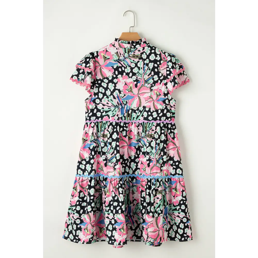 Feminine Pink Floral Print Mini Dress with Wavy Embellished V-Neck - Perfect for Spring Outings and Special Occasions