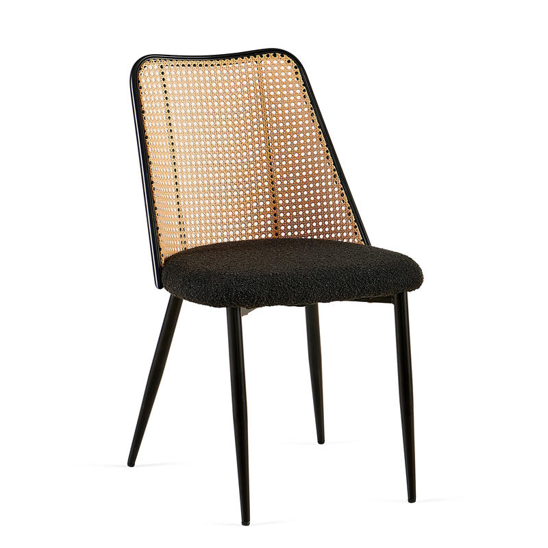 Set of 4 Black Rattan Dining Chairs - Boucle Upholstered Seats with Natural Cane Back, Modern Dining Room and Kitchen Chairs