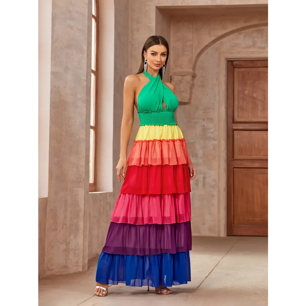 Flattering Crisscross Halter Dress - Layered Hem & Color Block Style Essential Spring & Summer Wardrobe Addition - Dress