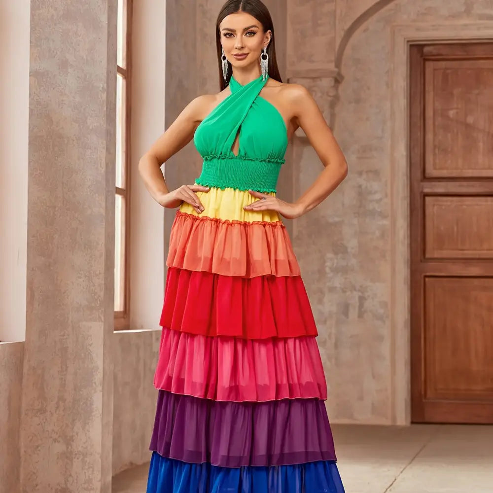 Flattering Crisscross Halter Dress - Layered Hem & Color Block Style Essential Spring & Summer Wardrobe Addition