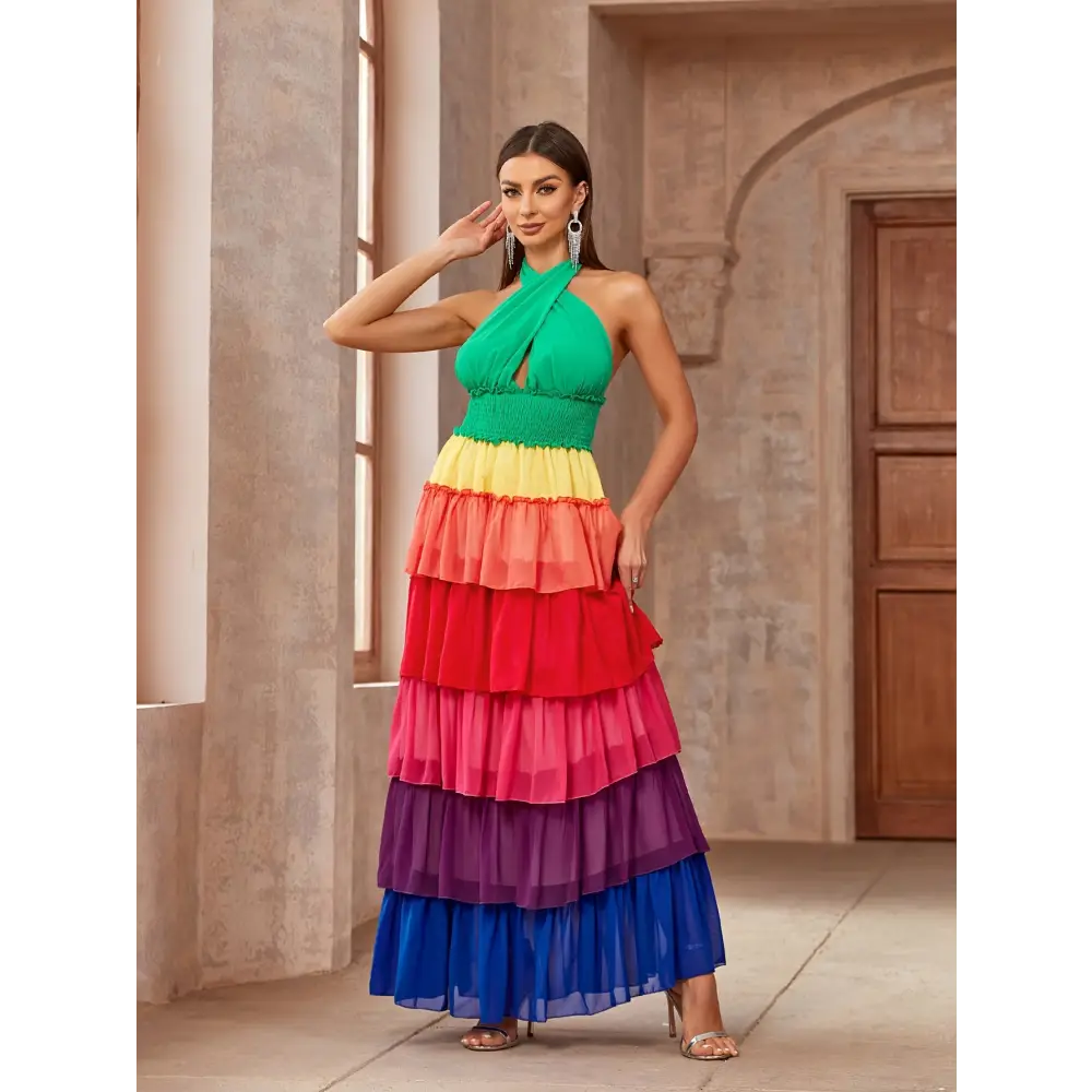 Flattering Crisscross Halter Dress - Layered Hem & Color Block Style Essential Spring & Summer Wardrobe Addition - Dress