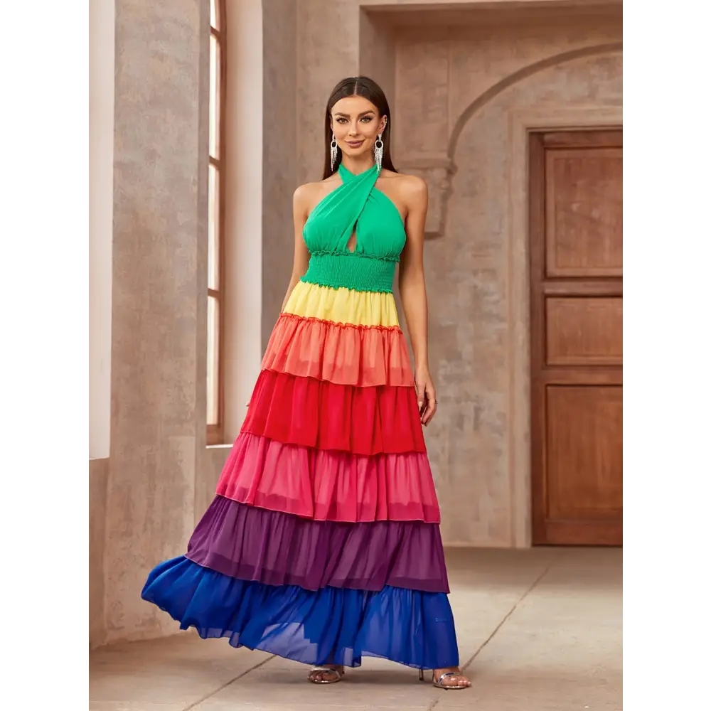 Flattering Crisscross Halter Dress - Layered Hem & Color Block Style Essential Spring & Summer Wardrobe Addition - Dress