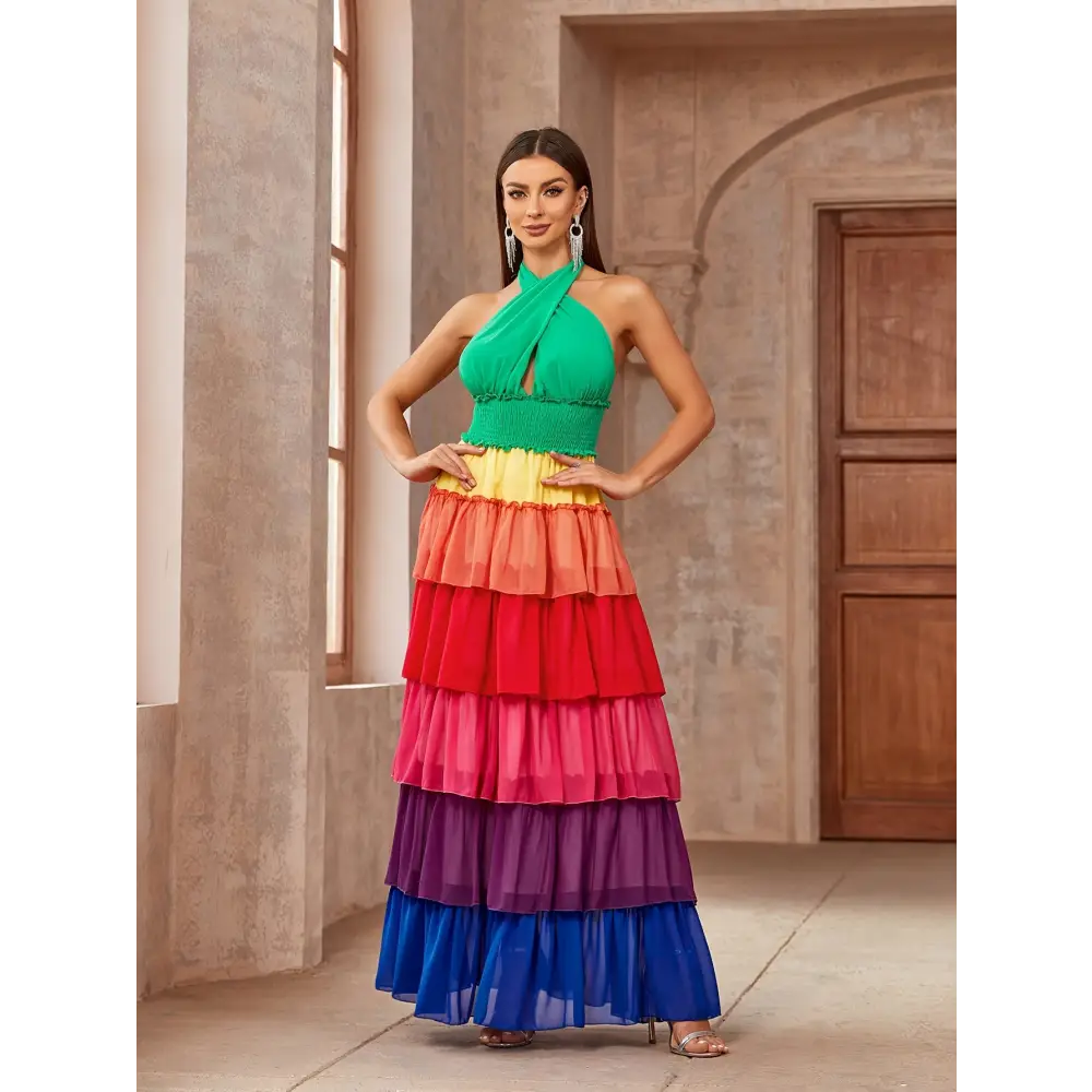 Flattering Crisscross Halter Dress - Layered Hem & Color Block Style Essential Spring & Summer Wardrobe Addition - Dress