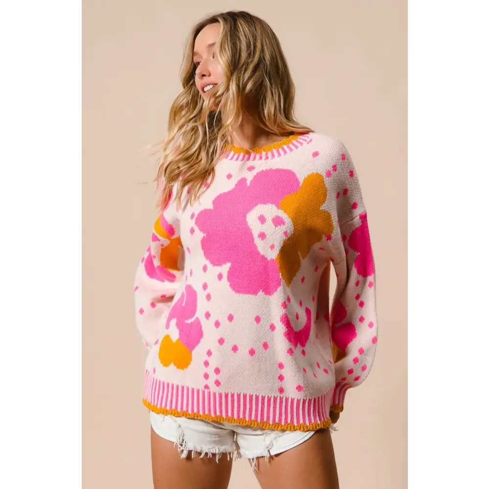 Flower Pattern Contrast Sweater - Stylish Floral Design with Cozy Fit for Women - Sweaters