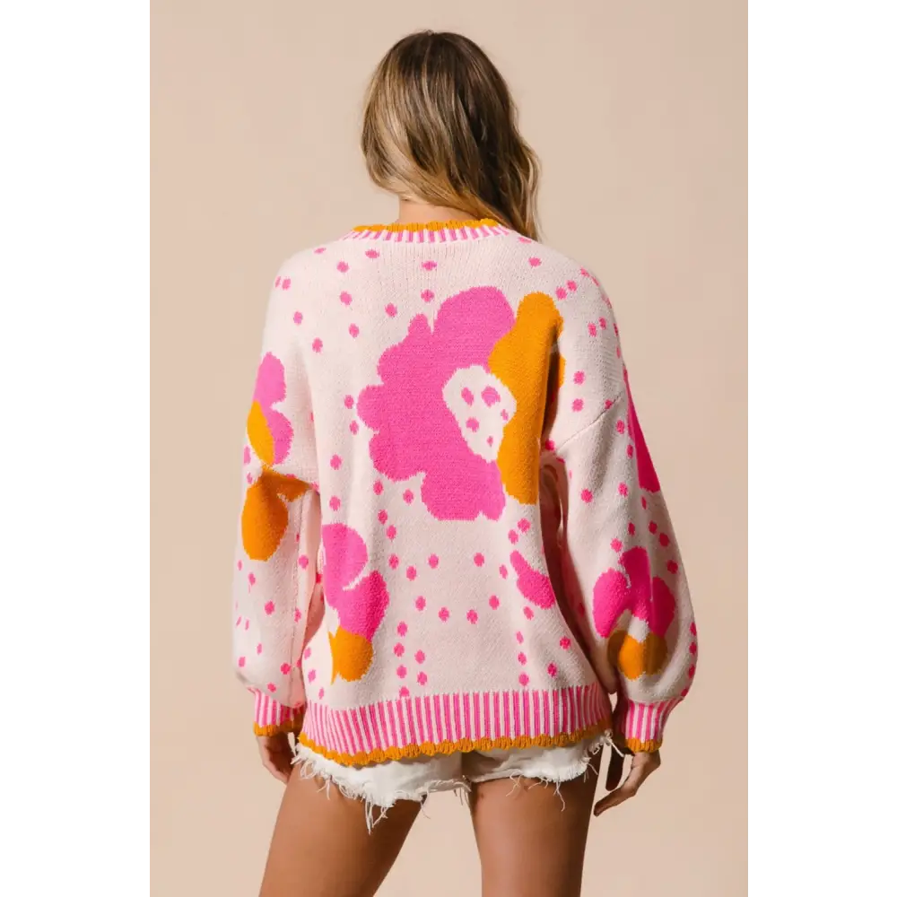 Flower Pattern Contrast Sweater - Stylish Floral Design with Cozy Fit for Women - Sweaters