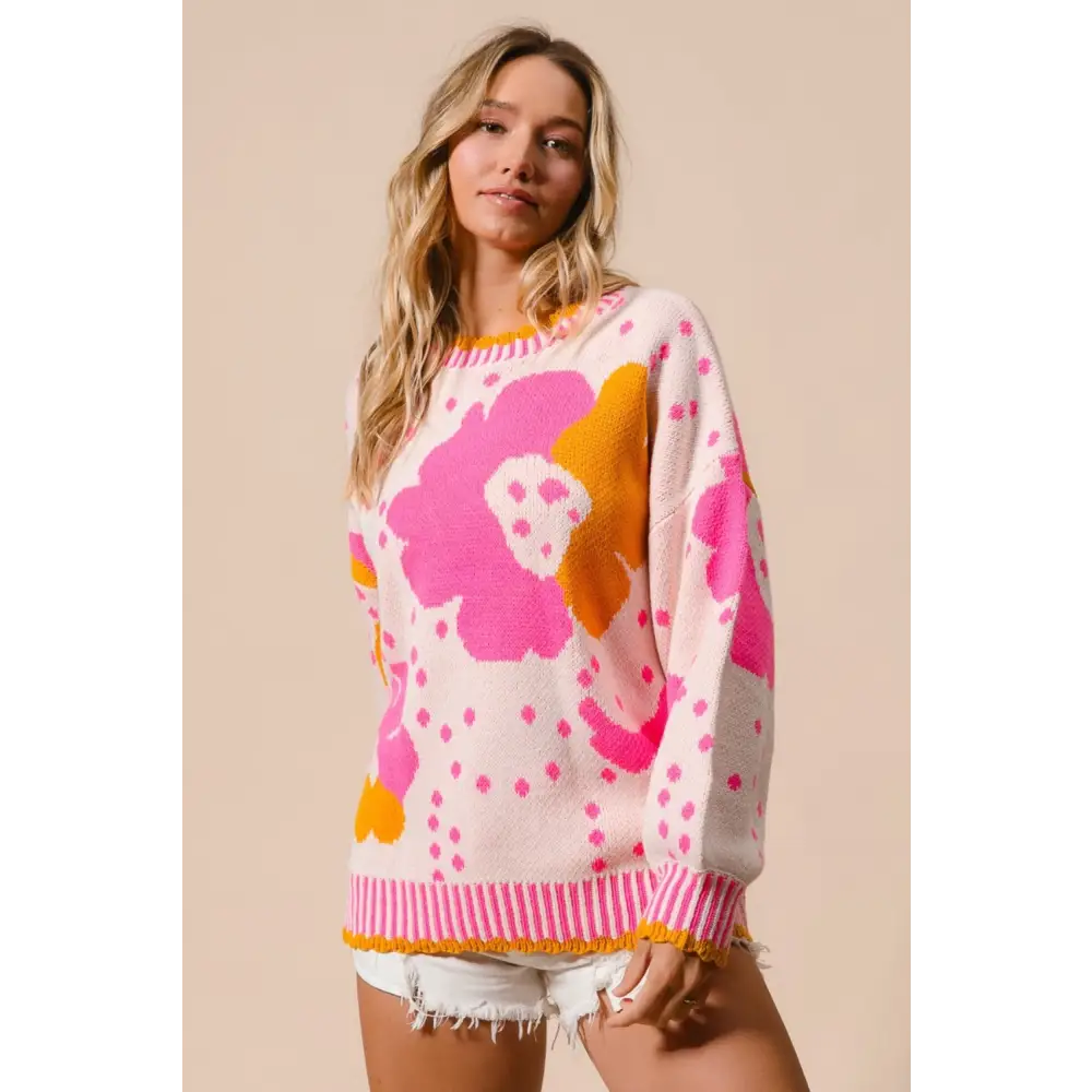 Flower Pattern Contrast Sweater - Stylish Floral Design with Cozy Fit for Women - Sweaters