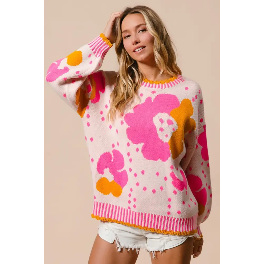 Flower Pattern Contrast Sweater - Stylish Floral Design with Cozy Fit for Women - Pink Combo / S - Sweaters