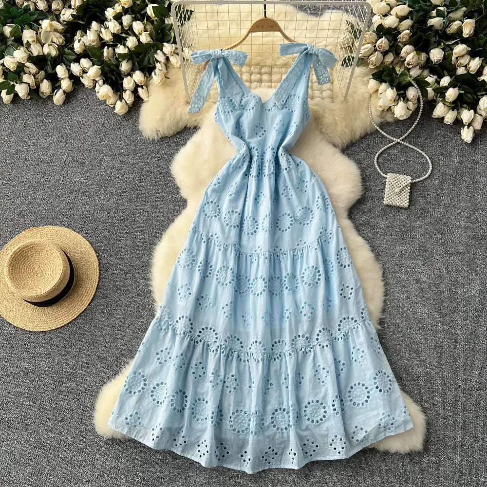French Vintage cut out Embroidery bow Bandage slip Dress A-line Chic Casual Beach Vacation Women Summer dresses - Blue