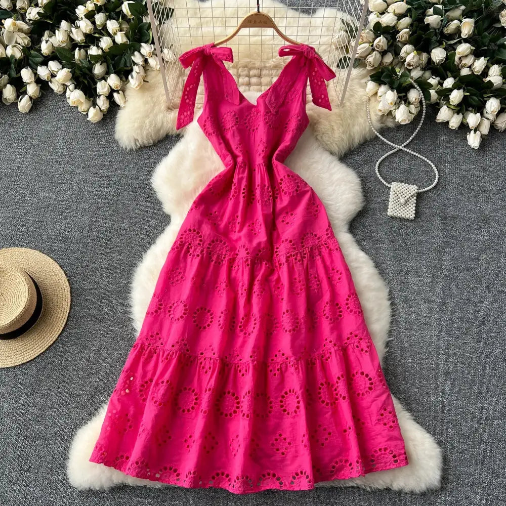 French Vintage cut out Embroidery bow Bandage slip Dress A-line Chic Casual Beach Vacation Women Summer dresses - Rose