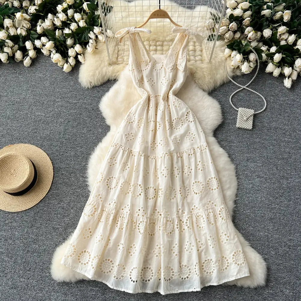 French Vintage cut out Embroidery bow Bandage slip Dress A-line Chic Casual Beach Vacation Women Summer dresses