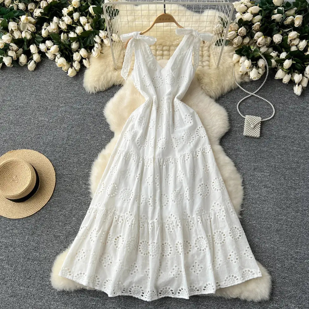 French Vintage cut out Embroidery bow Bandage slip Dress A-line Chic Casual Beach Vacation Women Summer dresses - WHITE