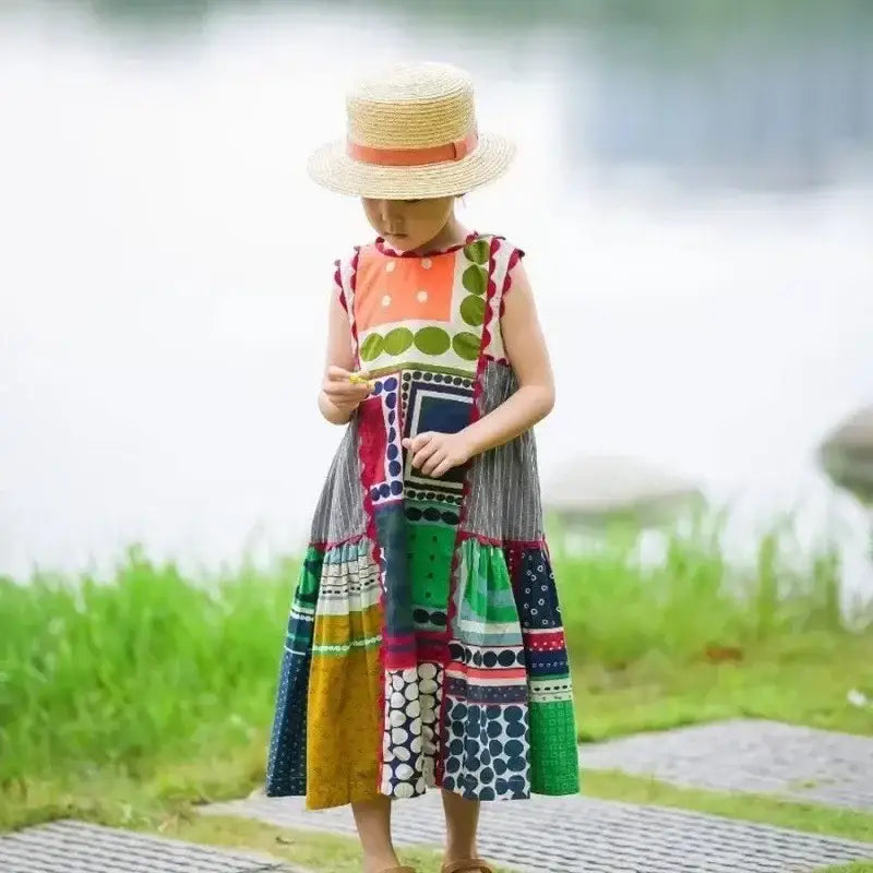 Girls Boho Patchwork Sleeveless Dress For 2-7 Years Summer Vintage Style Kids Clothing - customized
