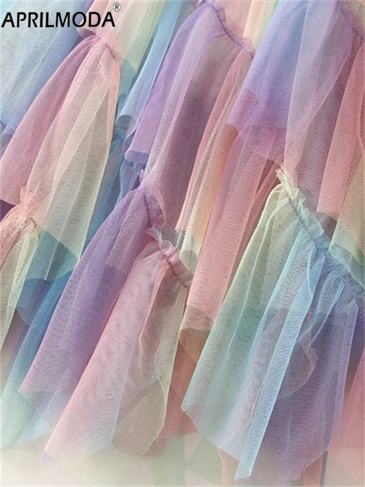 Gradient Mesh Midi Skirt - Irregular High Elastic Ruffle Patchwork Rainbow Tutu for Parties Holidays & Brides - Midi