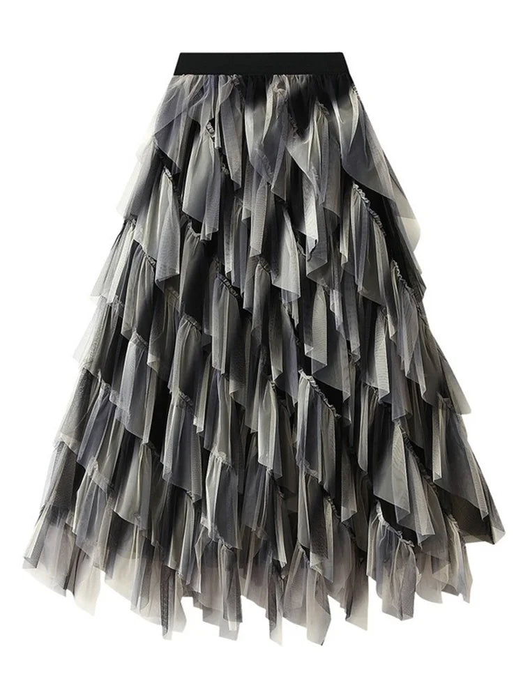 Gradient Mesh Midi Skirt - Irregular High Elastic Ruffle Patchwork Rainbow Tutu for Parties Holidays & Brides - 1